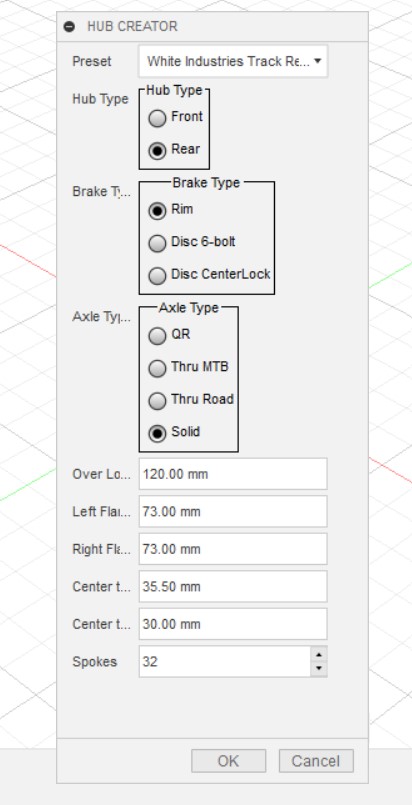 Fusion360 dialog box for BikeWheel Hub Creator