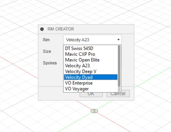 Fusion360 dialog box for BikeWheel Rim Creator